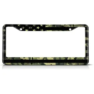 Decorative Green Camo American Flag Patriot Stars Grunge Style 2 Holes License Plate Frame License Plates Holder Auto Tag Frames License Plates Tag for Car Truck Motorcycle Men Women