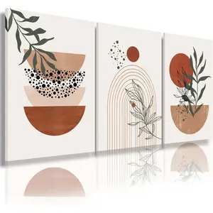 Wall Art Prints, Boho Wall Decor, Abstract Geometric Prints Black Beige Terracotta Minimalist Art, Natural Framed Canvas Prints Artwork For Living Room Bathroom Bedroom Wall Decor