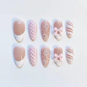 Pink Christmas Nails/Bow Nails/Sweater Texture Nails/Winter Nails/Snow Nails/Christmas Press on nails long almond nails/Pink Nails/Cute Nail