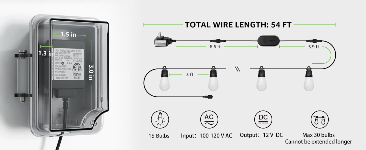 Lepro ZB1 AI Smart Outdoor String Lights APP Control, 54(42+12) ft RGB + IC +Warm White Waterproof Connectable Outdoor Strip Lights 15 LED Bulbs, Alexa Google Enabled, AI Generated Lighting LLM, NO Remote, 2.4 GHz WiFi+ Bluetooth