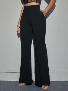 Women's Plain High Waist Flare Leg Pants, Casual Comfy Pocket Trousers for Spring & Fall, Women's Bottoms for Daily Wear, Casual Chic Trousers