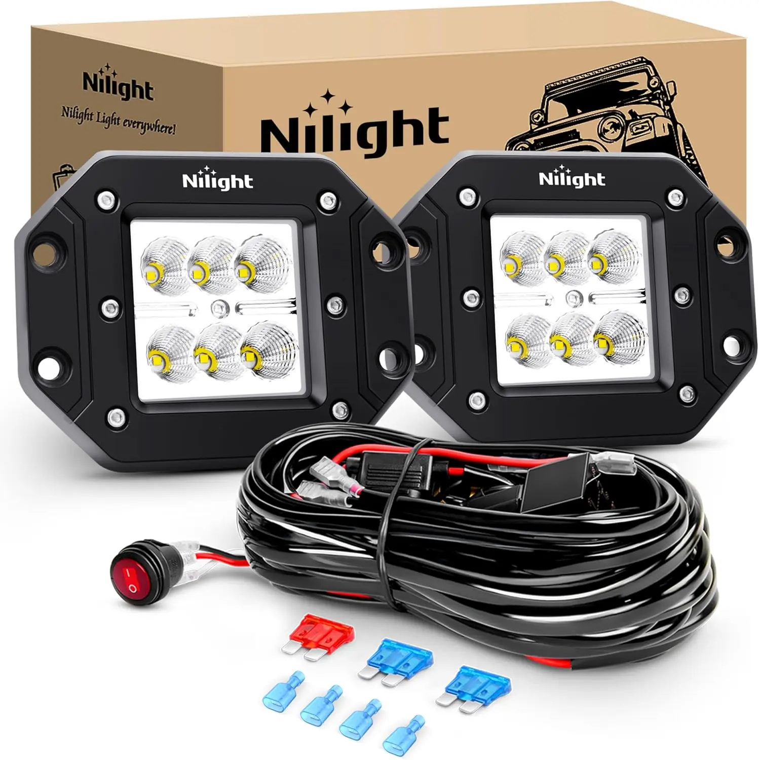 Nilight 2PCS 18W Power Flush Mount LED Vehicle Light Work Lighting Kit - Off-Road Wiring Harness, Rocker Switch, Blade Fuse with Water-Resistant Fuse Holder, Flood Beam, Deep Reflective Cup, Silicone Strip for Automotive Vehicles, Quakeproof Mount, Bright