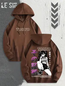 Men's Loose Fit Tokyo Anime Girl Print Hoodie, Japanese Street Style Pullover Sweatshirt, Harajuku Anime Print Casual Long Sleeve Top