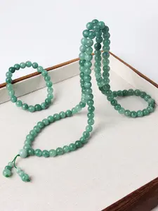 Nature Jade Necklace Bracelet Set, 99 Handmade Beads Long Prayer Malas, Vintage Elegant Long Necklace, Polyamide Material
