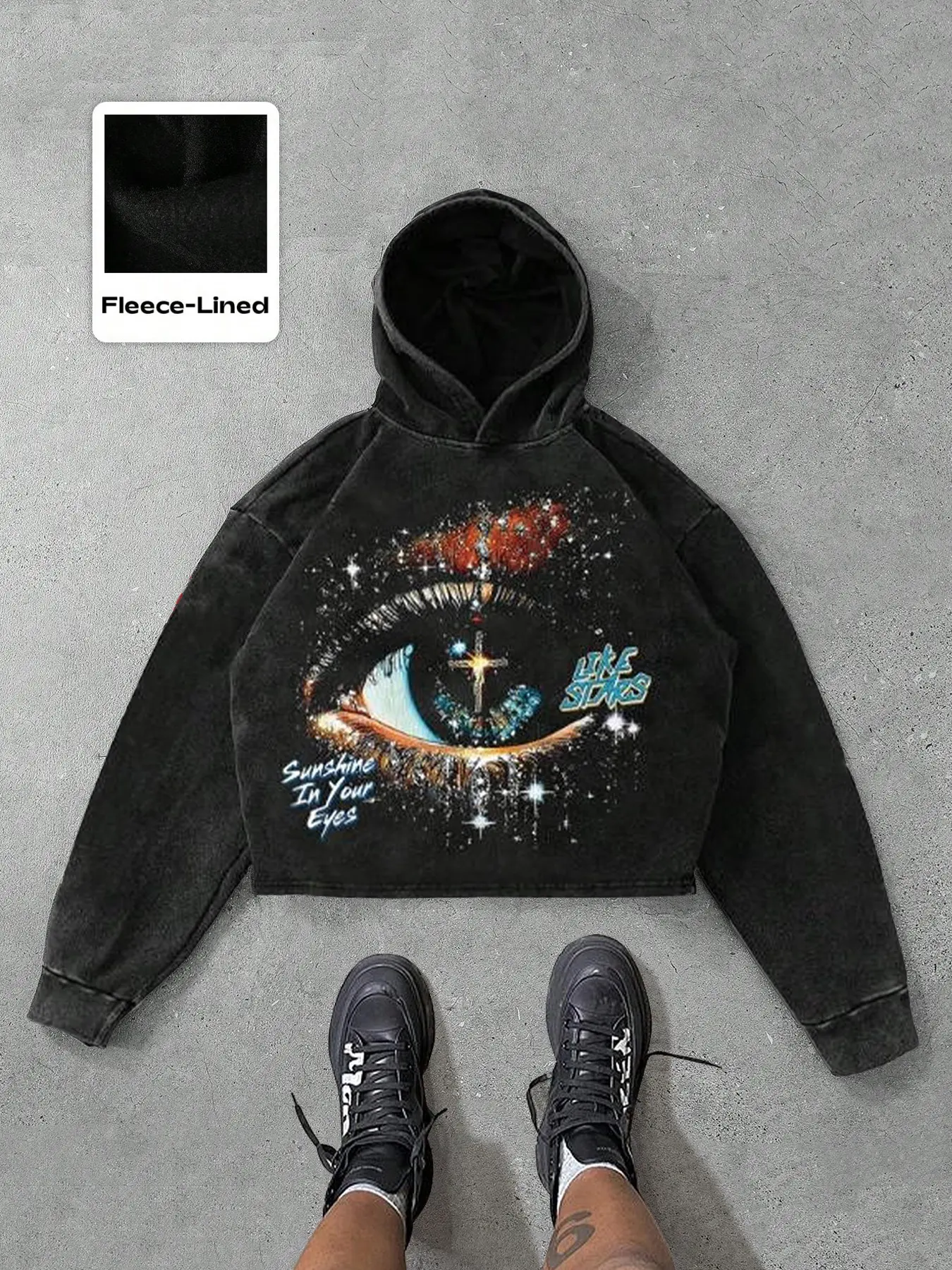 Men's Washed Cotton Streetwear Hoodie, Mystery Eye Graphic Sweatshirt, Winter Essential Vintage Loose Fit, Casual Style, Long Sleeve, Graphic Hoodies
