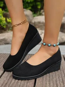Women's Velvet Wedge Heel Single Shoe, Elegant Classy Round Toe Formal Wedge Shoes, Fashion Stylish Casual Wedges, All Season Textile Upper, Walking Shoes