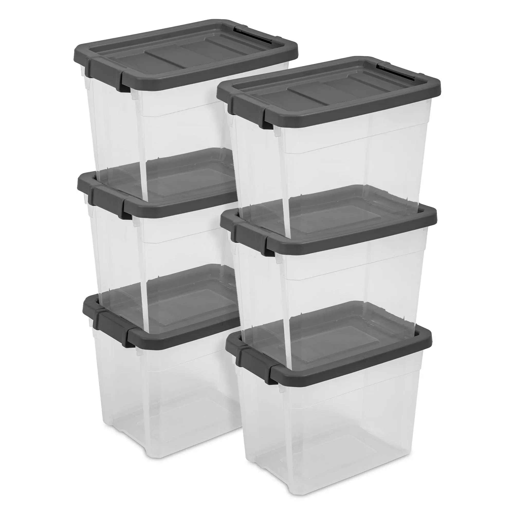 Sterilite 30 Qt Clear Plastic Stackable Storage Bin w/ Grey Latch Lid, 24 Pack
