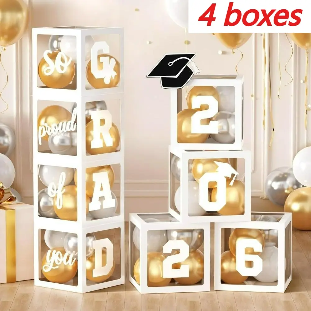 17pcs/set 2026 Graduation White Transparent Balloon Box Decoration Set with Mortarboard and Letter Cards, Suitable for Graduation Parties and Ceremonies, Graduation Gift and Party Favor, Graduation Party Favors, Party Supplies Set