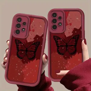 A Beautiful Red Spliced Star Point Butterfly Pattern Phone Case, TPU Shockproof Full Protection Case, Suitable for Samsung S21/22/23/24/25/NOTE20 PLUS ULTRA FE A13/14/15/16/17/33/34/35/36/52/53/54, Ideal Gift for Friends and Family, T219