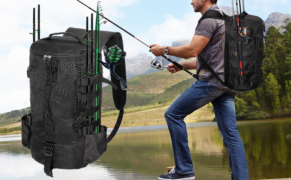 Large Fishing Backpack with Rod Holders Lightweight Fishing Tackle Backpack Professional Water-Resistant All-in-One Rod Holder & Gear Storage
