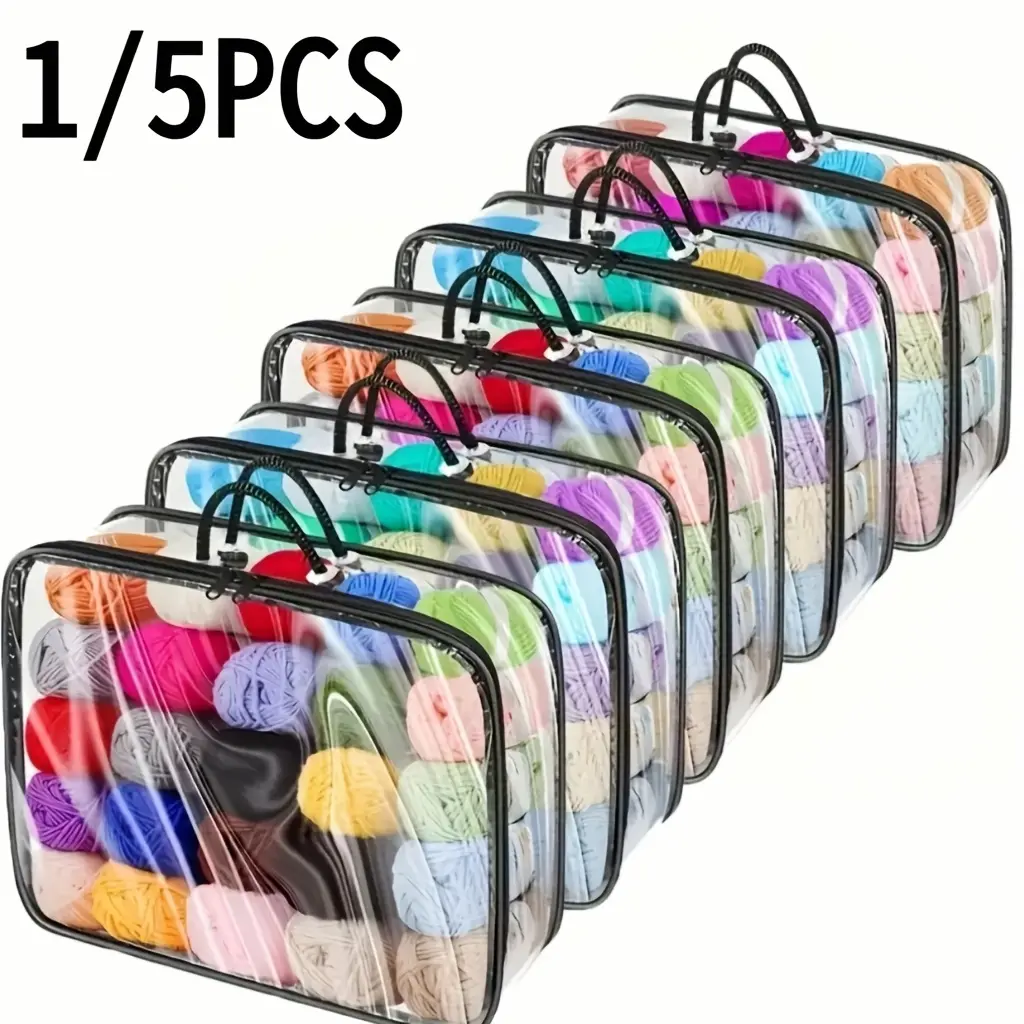 1/5pcs Large Capacity Transparent And Thick Yarn Storage Bag - The Perfect Wardrobe Organizer, Suitable for Storing Yarn, Miscellaneous Items, Blankets, Building Blocks, Etc., A Space Saving Storage Solution, PVC Durable Storage Bag, Seasonal Item