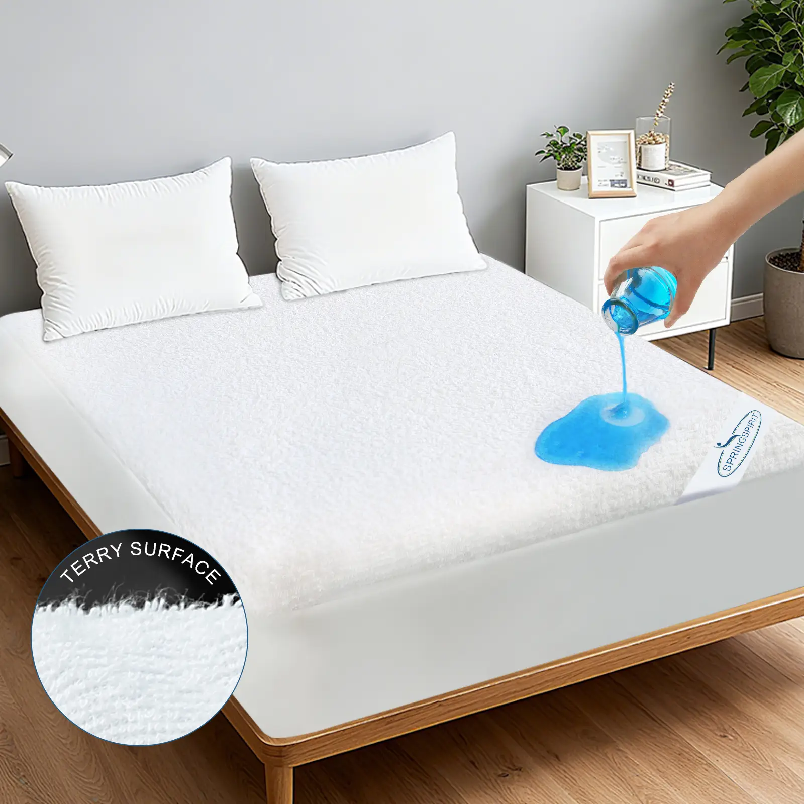 Premium Terry Waterproof Mattress Protector - Ultra-Soft Breathable Noiseless Absorbent Mattress Pad Mattress Topper Cover Solid Color Fitted Sheet wi