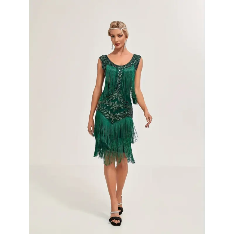 1pc Sequin Embellished Vintage Flapper Fringe Dress, Polyester Short Sleeve Beaded Fringe Gatsby Party Dress for Weddings and Banquets - Available in Multiple Colors Minimalist Short Basic Comfort Womenswear