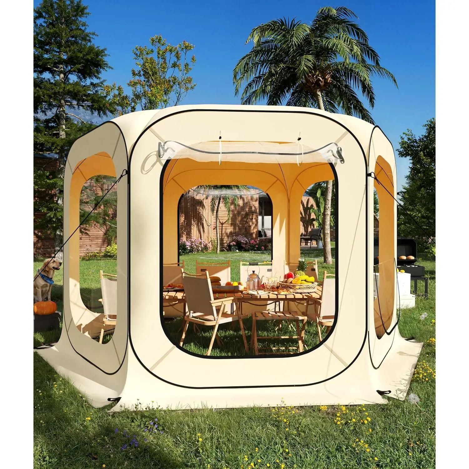6x6 ft Transparent Party Tent, Stable Arch-Top Pop-Up Shelter for 2-3 Persons, All-Weather Protection for Patios and Camping, Instant Set-Up, Metal Stakes, Backyards, Tpu Fabric, All-Season, Arch-Top Construction, Built-In Hanging Loops, Fiberglass Frame,
