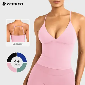 YEOREO Women's Twist Front Longline Workout Tank Top Straps with Bra Pads Summer Seamless Camisole Shirts