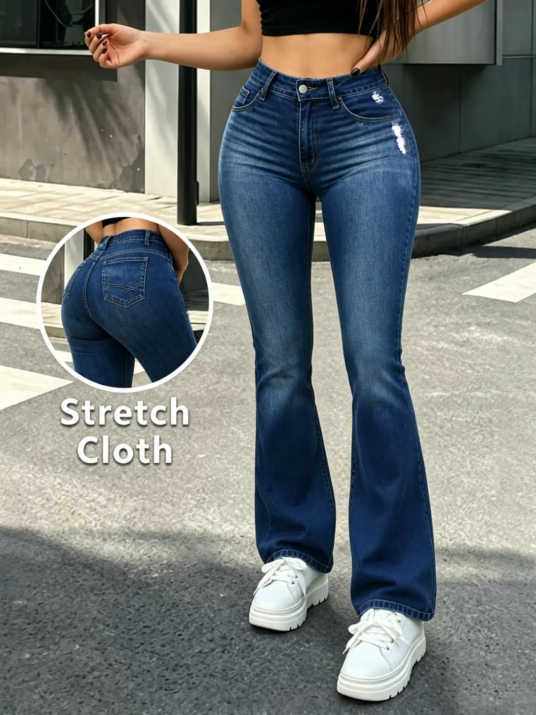 Women's Mid Waist Bootcut Jeans, Stretch Denim Pants, Ripped Distressed Jeans for Women Casual Daily Wear