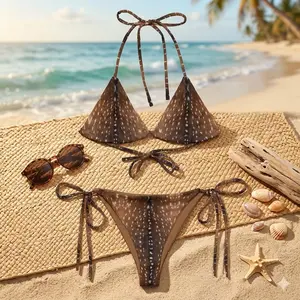 Chestnut Brown Fawn Deer Print Bikini Set, Doe’s Whisper Aesthetic Swimwear, Nature Inspired Two Piece Swimsuit