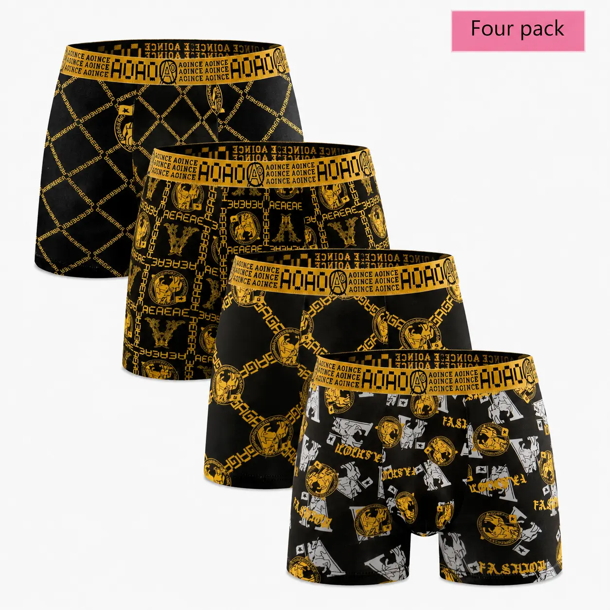 Men’s 4-Pack Mid Waist Graphic Boxer Briefs, Black-and-Gold Print, High Elasticity, Breathable Fabric, Stylish Budget-Friendly Option for Young Men’s Underwear