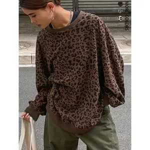 Women Loose Fit Round Neck Corduroy Leopard Print Ribbed Sweatshirt,Long Sleeve Tops,Fall Clothes,Back To School Clothes