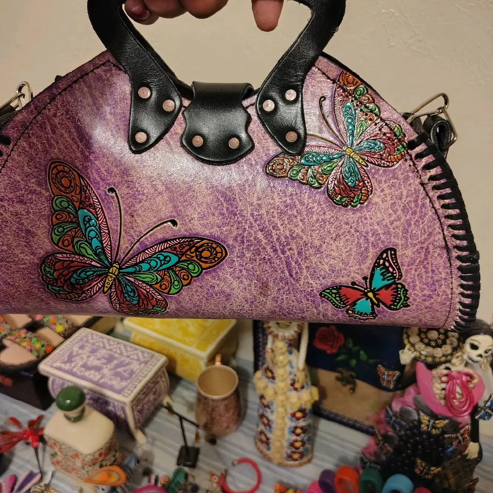 Hand-Painted Natural Leather Bag, Mexican Art Design
