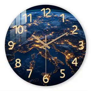 1pc Wooden Wall Clock, Fantasy Theme - Illuminated Earth from Space Design Wall Clock, Tempered Film Veneer Crystal Porcelain Wall Clock, Silent Clock, Suitable for Living Room, Study Decoration, Home Decoration, Great Space - Themed Gift, Batter