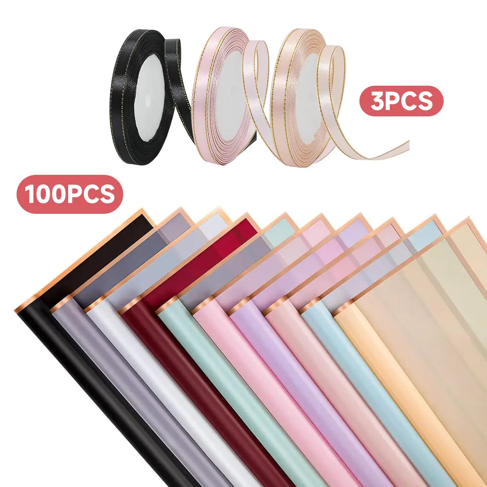 100 Sheets Flower Wrapping Paper with 3Pcs 86.61 x0.4 Inches Ribbons, 22.44 x 22.4 inches, Flower Bouquet Wrapping Paper for Waterproof DIY Crafts Packaging