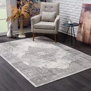 HomeRoots 390087 8x11 ft. Gray Distressed Medallion Area Rug, Classic Cozy Large-Format Luxe Mandala Area Rug, Classic Area Rugs, Cozy Area Rugs