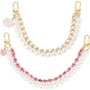 2-piece bag extension chain set, pink bag extension chain, floral white bag strap extension chain, pearl bag strap replacement crossbody bag accessory, women's bag charm, handbag.