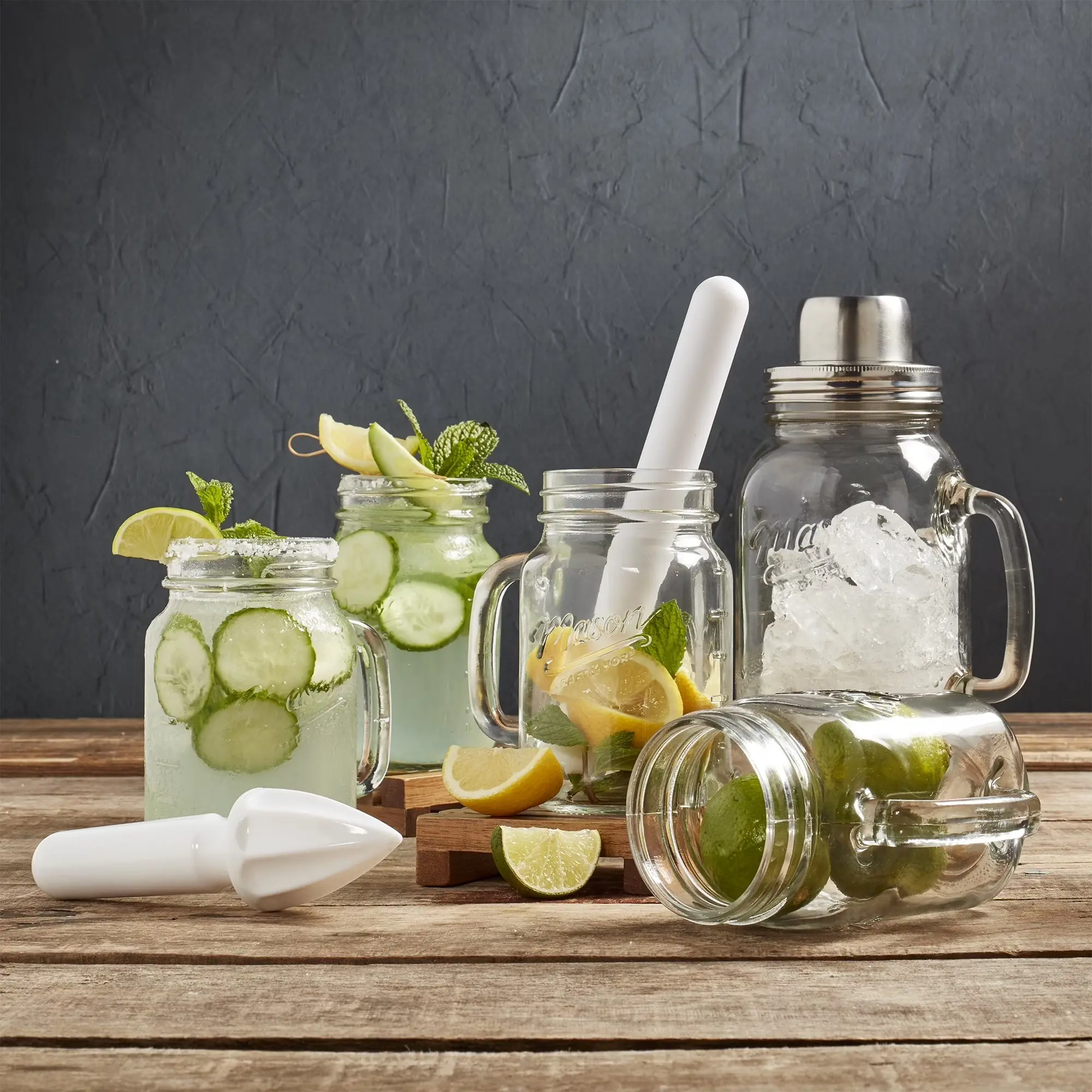 Mason Craft & More 7 Piece Glass Drinkware Bar Set, Cocktail Shaker, Drinking Jars, Muddler