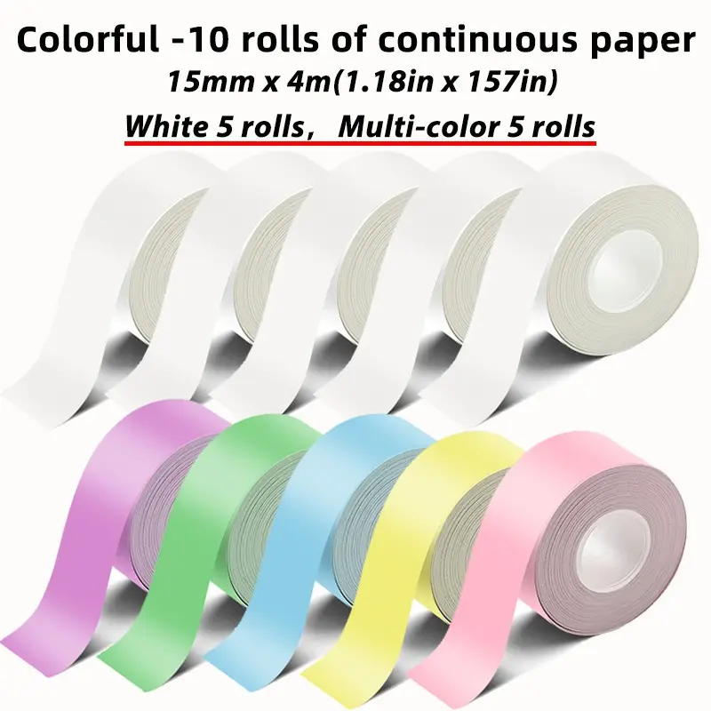 10 rolls of continuous thermal label paper, Direct thermal stickers, 15 x 40mm (0.59in x 157in) compatible with D30/D35/P12/P15 label printers, white, Label Printer Tape, continuous format labels, suitable for festivals, kitchens, homes, schools