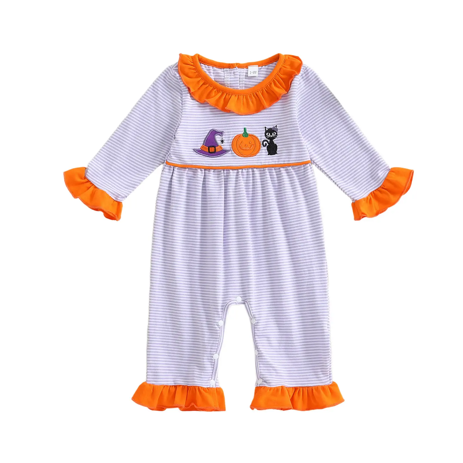 Newborn Baby Girl Boy Halloween Pumpkin Striped Romper Overalls Ruffles Long Sleeve Peter Pan Collar Sweatshirt Jumpsuit