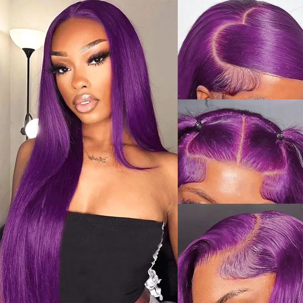13x4 Dark Violet Straight Lace Front Wig, 24 Inch Heat Resistant Synthetic Fiber with a Pre-Plucked Natural Hairline, Soft Dark Purple Shade, Breathable Adjustable Cap, and Easy Glueless Application for a Bold Yet Everyday Wearable Look