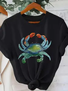 1pc Unisex Crab Print T-Shirt, Soft And Stretchy Everyday Tee in Beige, Perfect for Spring, Fall, And Summer Outfits.Machine Washable Casual Shirt Suitable for Beach, Office Parties, And Daily Wear.A Great Gift for Mother'S Day