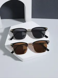 High-Quality Metal Half Frame Sleek Rectangular Sunglasses, Unisex Casual UV Protection Shades, Lightweight Durable Fashion Accessory, Sunglasses Set