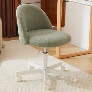 Karlhome Armless Home Office Desk Chair Cute Mid Back Vanity Stool Teddy Velvet Swivel Task Chairs with Wheels Green