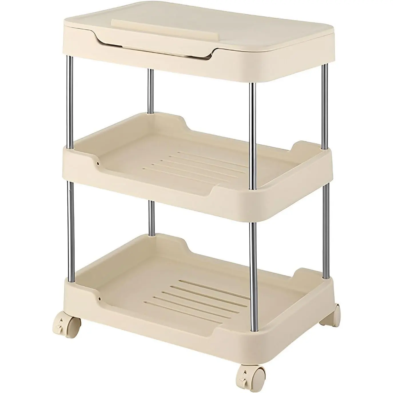 AGTEK 3 Tier Mobile Bookshelf Cart with Wheels，Multi-Functional Storage Rolling Bookcase Organizer for Painting, Classroom, Office and Home, Beige