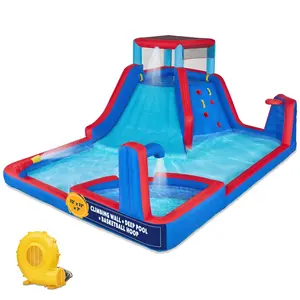Sunny & Fun Four Corner Inflatable Water Slide Park with Climbing Wall, Slide & Deep Pool - Red/Blue