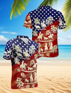 Amazing Us Team Roping Red Navy Color Unisex Hawaiian Shirts For Men Women Beach Wear Short Sleeve, Button Down Summer Beach Shirts