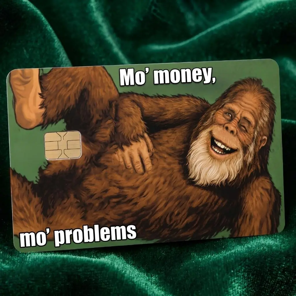 Mo’ Money Mo’ Problems Bigfoot Card Skin – Funny Sasquatch Financial Humor Design – Novelty Debit Credit Card Sticker for Meme Lovers and Everyday Wallets