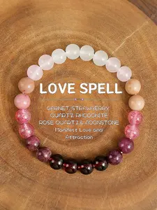 Love Spell Beaded Bracelet, Natural Stone Beaded Bracelet, Rose Quartz, Moonstone Crystals, Strawberry Quartz for Women & Girls, Fashion Accessories for Party, Daily Clothing Decor, Trendy Jewelry for Birthday Gift, Dainty Crystal Bracelet