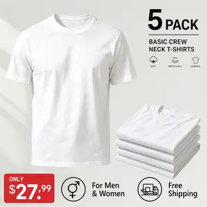 Men's 5-Pack Short-Sleeve Round-Neck T-Shirts, 100% Cotton Heavyweight Unisex Tops, Breathable Soft Basic Casual Loungewear for Daily & Home Wear, Shortsleeve