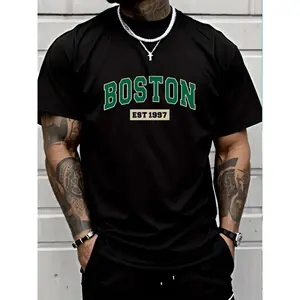 Men'S Boston Est. 1997 Graphic Print T-Shirt, Casual Crew Neck Short Sleeve Tee with Slight Stretch, Regular Fit, Letter Pattern Design, Perfect for Sports or Leisure Activities, Leisure Clothing | Trendy Crew Neck | Versatile Style
