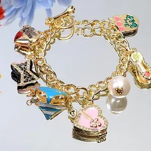 Gold-Tone Charm Bracelet with Enamel Hearts, Pearls, and Shoe Charms for Women