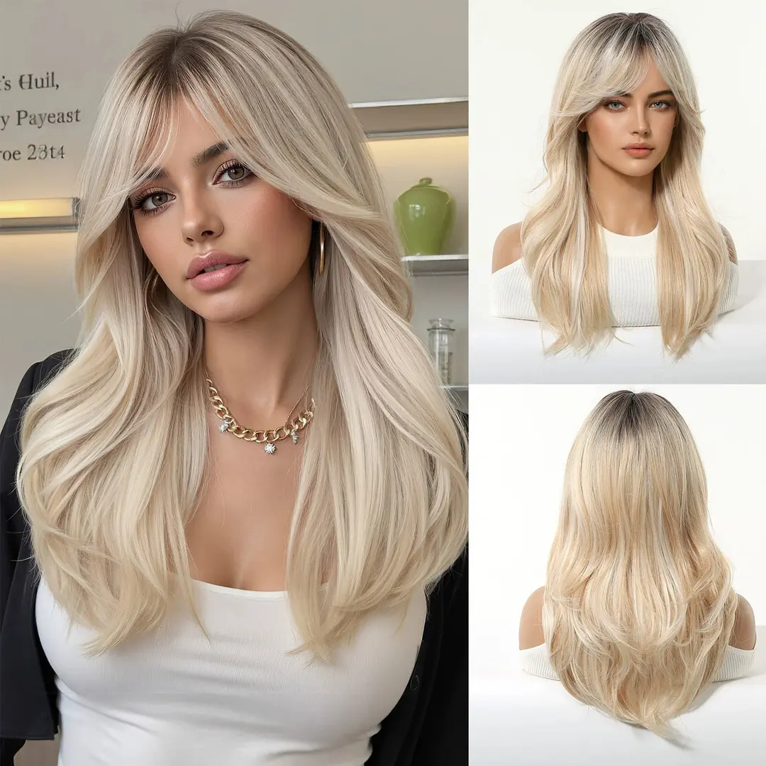 Long Wavy Glueless Wig for Women, Blonde Highlight Body Wave Wig with Bangs, Heat Resistant Synthetic Hair Wig with Adjustable Strap, Ready to Wear Layered Hairstyle for Beginners