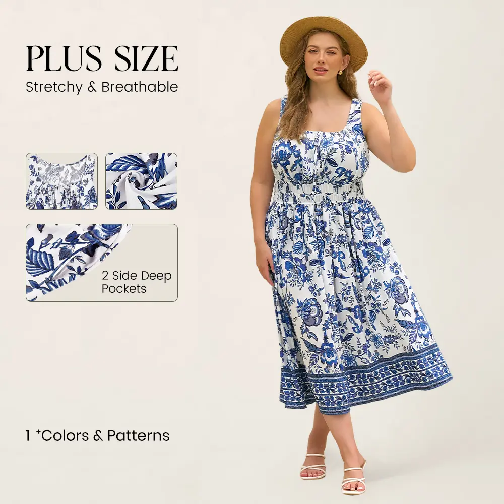 RITERA Women's Spaghetti Strap Dress Plus Size Boho Square Neck Maxi Dresses Beach Sundress Floral