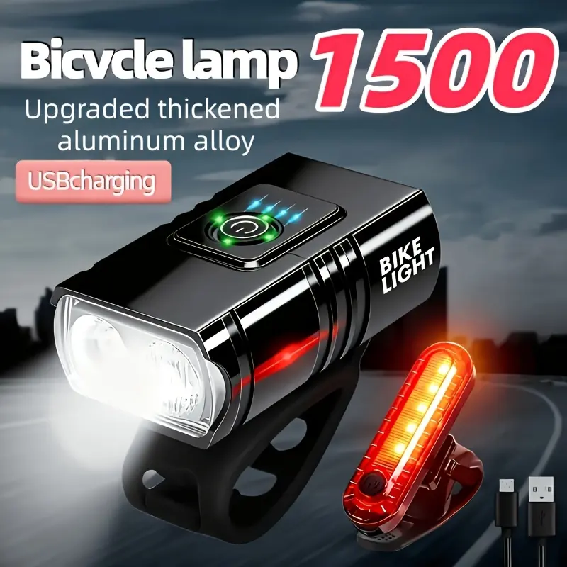 Ultra-Bright Bike Light USB Rechargeable - Type-C Fast Charge, Front 6 Modes + Rear 4 Modes, Aluminum Alloy Material, Safe Portable for Night Riding Camping Safety