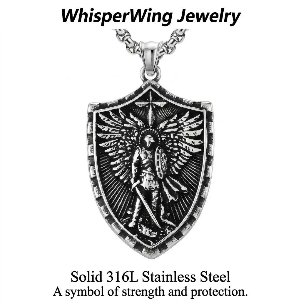 Saint Michael Warrior Angel Shield Pendant Necklace, Unisex Stainless Steel Casual Chain Necklace, Guardian Jewelry for Strength & Protection