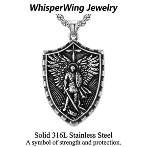 Titanium steel sword wielding warrior angel shield men's necklace stainless steel war god Saint Michael archangel pendant necklace Guardian Strength