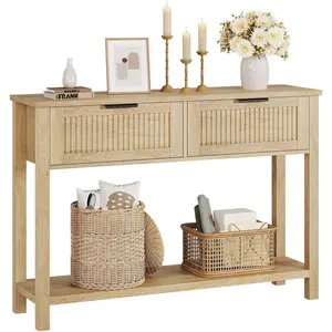 Modern Rustic Wooden Console Table with 2 Drawers and Shelf, Vintage Style for Entryway, Living Room, Bedroom - Perfect as a Coffee Table or Side Table - Color: Wood