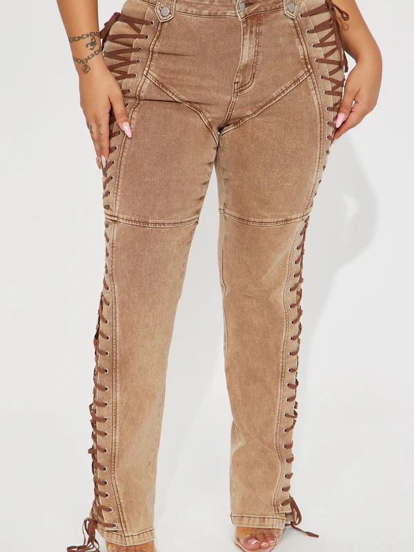 Women’s Lace-Up Flare Pants – High Waist Vintage Stretchy Bell Bottom Jeans